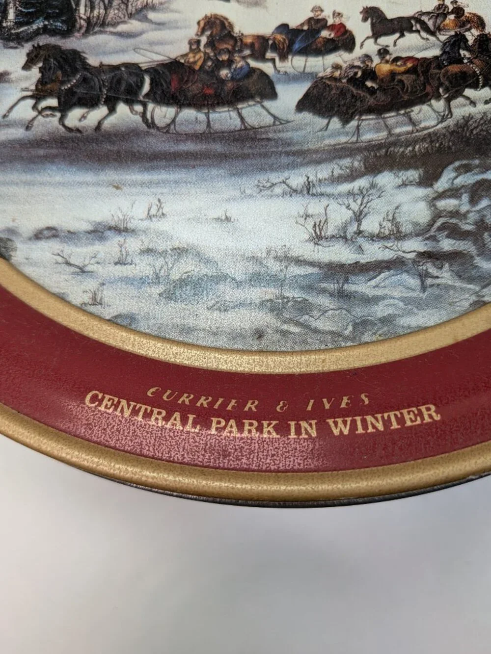 Vintage Currier Ives Central Park in Winter Holiday Cookie Tin Lid Plaque 10x3.7
